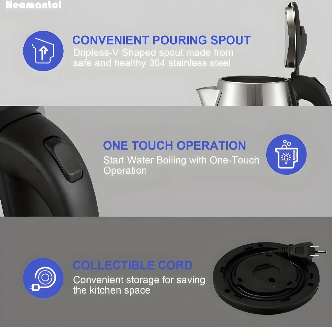 RAF Electric Kettle Large Capacity 2000W Stainless Steel Body Cordless Kettle with 360° Swivel Base | Automatic Switch Off | LED Lamp - Image 5